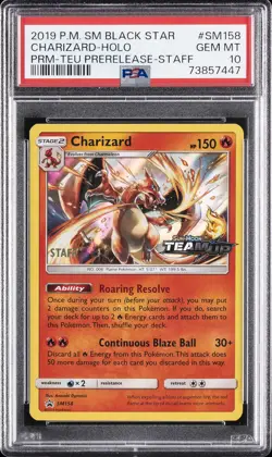 2019 POKEMON SM BLACK STAR PROMO TEAM UP PRERELEASE-STAFF CHARIZARD-HOLO PSA 10 - Image 1