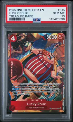 2025 ONE PIECE OP11-A FIST OF DIVINE SPEED TREASURE RARE #015 LUCKY ROUX PSA 10 - Image 1