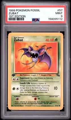 1999 Pokemon Fossil 1st Edition #57 Zubat PSA 9 - Image 1