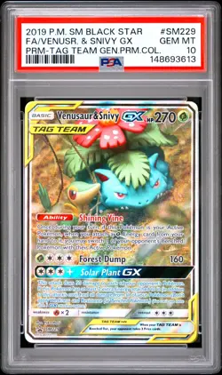 2019 POKEMON SM TAG TEAM BLACK STAR PROMO #SM229 FA/VENUSR. & SNIVY GX PSA 10 - Image 1
