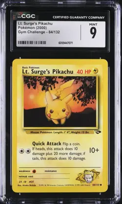 CGC 9 Lt. Surge's Pikachu 84/132 Gym Challenge 2000 Pokemon Card - Image 1