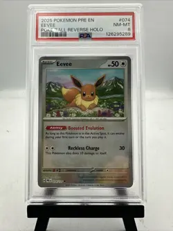 2025 Pokemon Prismatic Evolutions Eevee Reverse Holo Poke Ball #074/131 PSA 8 - Image 1