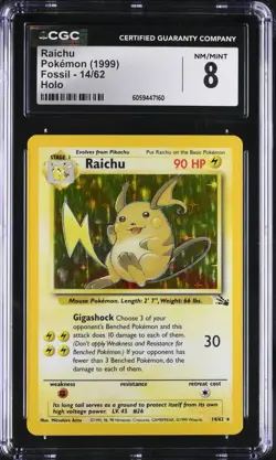 CGC 8 Raichu Holo 14/62 Fossil 1999 Pokemon Card - Image 1