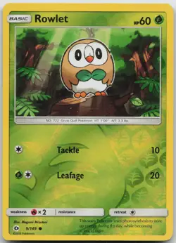 Rowlet 9/149 Common SM Base Set Pokemon Reverse Holo NM/LP - Image 1