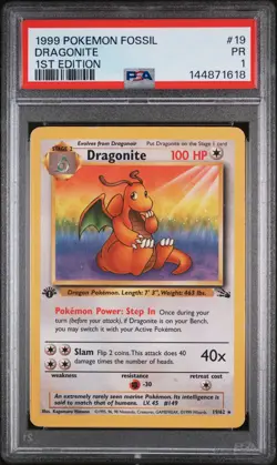 1999 POKEMON FOSSIL 1ST EDITION #19 DRAGONITE PSA 1 - Image 1