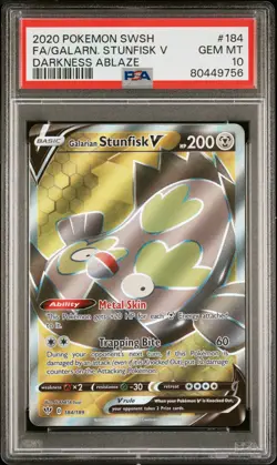 Pokemon Darkness Ablaze Galarian Stunfisk V Full Art Holo 184 PSA 10 FA LowPop - Image 1