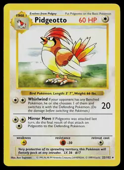 Pokemon Card - Pidgeotto Base Set Shadowless 22/102 Rare - Image 1
