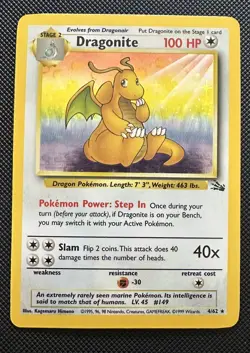 Pokemon Dragonite Holo 4/62 Fossil Vintage - Front is in Amazing condition! - Image 1