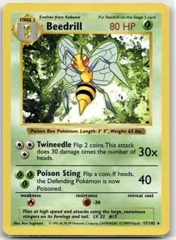 Beedrill 17/102 Rare Base Set Shadowless Pokemon Unlimited MP - Image 1