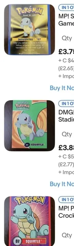Custom SQUIRTLE Lot Of X3 - #7 1999 Pokemon Game Tip Card, Kellogg + Others - Image 1