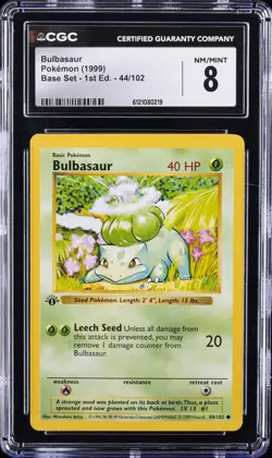 1999 POKEMON BASE SET 1ST EDITION #44 BULBASAUR CGC 8 - Image 1