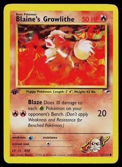 Pokemon Card - Blaine's Growlithe Gym Heroes 62/132 1st Edition Common - Image 1