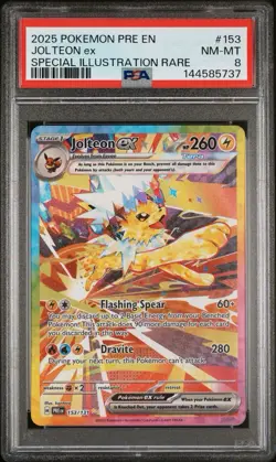 2025 POKEMON PRE PRISMATIC EVOLUTIONS #153 JOLTEON EX PSA 8 NM SPECIAL SIR - Image 1