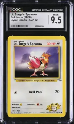 CGC 9.5 Lt. Surge's Spearow 52/132 Gym Heroes 2000 Pokemon Card - Image 1