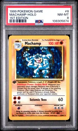 1999 POKEMON GAME 1ST ED #8 MACHAMP-HOLO PSA 8 - Image 1