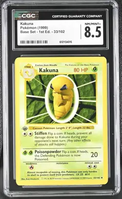 CGC 8.5 Kakuna 1999 Base Set Shadowless 1st Edition 33/102 Pokemon Card - Image 1
