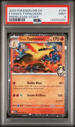 2025 Pokemon Destined Rivals Ethan's Typhlosion 034/182 Staff PSA 9 - Image 1