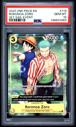 2025 ONE PIECE PROMOS SET SAIL EVENT #113 RORONOA ZORO PSA 10 - Image 1