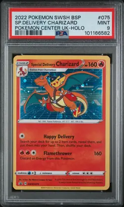 PSA 9 2022 POKEMON SWSH BLACK STAR PROMO #075 SP.DELIVERY CHARIZARD PC UK HOLO - Image 1