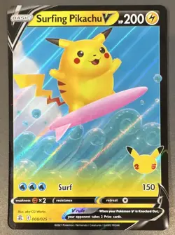 Pokemon TCG Surfing Pikachu V 008/025 Celebrations Ultra Rare Holo 200 HP - Image 1
