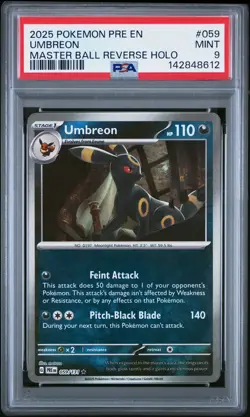 2025 POKEMON PRE EN-PRISMATIC EVOLUTIONS MASTER BALL REVERSE HOLO UMBREON PSA 9 - Image 1