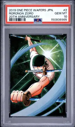 PSA 10 2019 ONE PIECE WAFERS JAPANESE 20TH ANNIVERSARY 2 RORONOA ZORO - Image 1