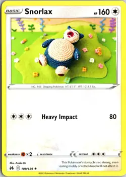 Snorlax 109/159 Rare Crown Zenith Pokemon Near Mint Asako Ito Crochet Art - Image 1