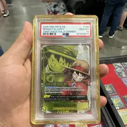Pop 1 Monkey D. Luffy TNMT Pack Vol.2 Winner Promo Foil EN P-106 PSA 10 - Image 1