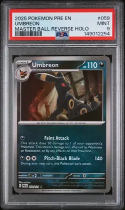 2025 POKEMON PRE EN-PRISMATIC EVOLUTIONS MASTER BALL REVERSE HOLO UMBREON PSA 9 - Image 1