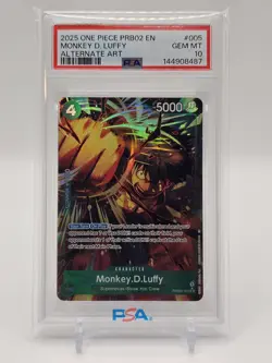 PSA 10 Gem Mint One Piece PRB02-005 Monkey D. Luffy Alternate Art English - Image 1