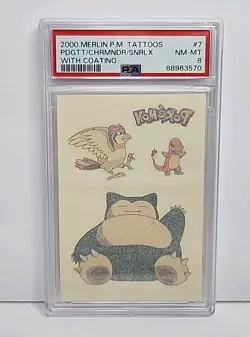 PSA 8 Pidgeotte Charmander Snorlax 2000 Pokemon Merlin Tattoo 7 / 20 Graded - Image 1