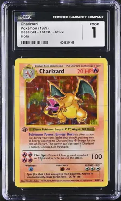 1st Edition Shadowless Charizard CGC 1 Base Set Poor 4/102 Holo 1999 Pokemon - Image 1