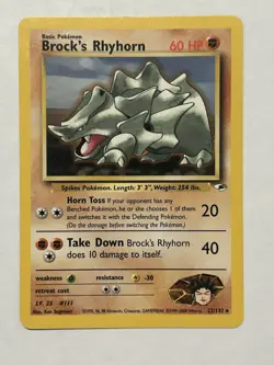 Pokemon TCG Brock's Rhyhorn Gym Heroes 22/132 Unlimited Rare Card - Image 1