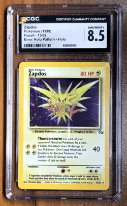 Zapdos Fossil 15/62 Error Holo Pattern CGC 8.5 NM/Mint + Pokemon Card - Image 1