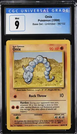 Onix Pokemon 1999 Base Set Unlimited 56/102 Graded CGC 9 Mint - Image 1
