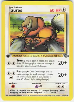 Tauros 47/64 Uncommon Jungle Pokemon 1st Edition LP - Image 1