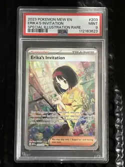 2023 POKEMON MEW EN-151 SPECIAL ILLUSTRATION RARE #203 ERIKA'S INVITATION PSA 9 - Image 1
