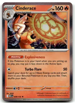 Cinderace 028/132 ME01: Mega Evolution Rare Holo Pokemon TCG NM - Image 1