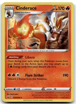 Cinderace (034) 034/202 SWSH01 Sword & Shield Base Set Holo Rare Holo Pokemon NM - Image 1