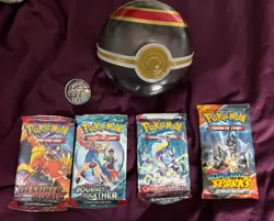 Pokemon TCG PokeBall Tin Luxary Ball With 4 Unopened Packs and Coin - Image 1