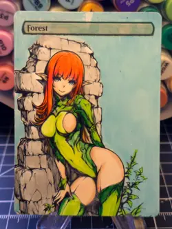 FOREST - Green - MTG *Altered Hand Colored Original Art Anime - Red Head 103025 - Image 1
