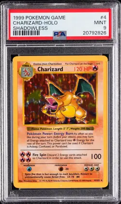 1999 POKEMON GAME SHADOWLESS #4 CHARIZARD-HOLO PSA 9 - Image 1