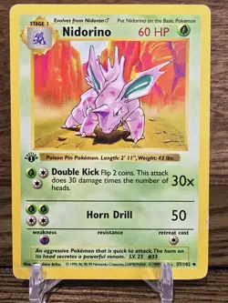 Pokemon Card Nidorino 37/102 Base Set Shadowless 1st Edition Uncommon MP Vintage - Image 1
