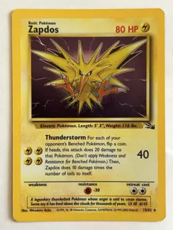Pokemon TCG Zapdos Fossil Holo Unlimited Rare Card 15/62 Vintage WOTC - Image 1