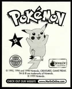 POKEMON SERIES 1, MERLIN TOPPS STICKER # 25, PIKACHU, YEAR 1999 - Image 2