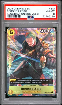 2025 ONE PIECE PROMOS ILLUSTRATION BOX VOL.3 #113 RORONOA ZORO PSA 8 - Image 1
