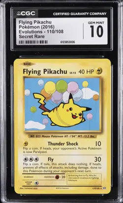 2016 POKEMON EVOLUTIONS SECRET RARE #110/108 FLYING PIKACHU CGC 10 GEM MINT - Image 1