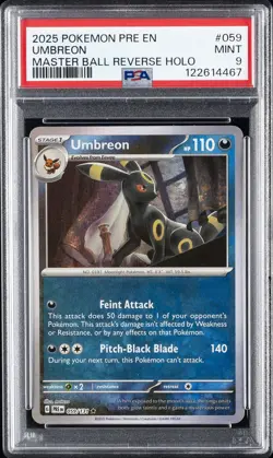 2025 POKEMON PRE EN-PRISMATIC EVOLUTIONS MASTER BALL REVERSE HOLO UMBREON PSA 9 - Image 1