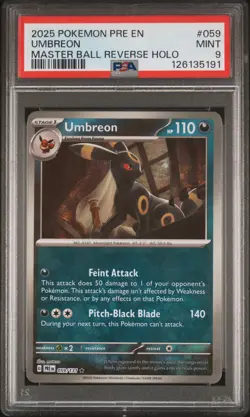 2025 POKEMON PRE EN-PRISMATIC EVOLUTIONS MASTER BALL REVERSE HOLO UMBREON PSA 9 - Image 1