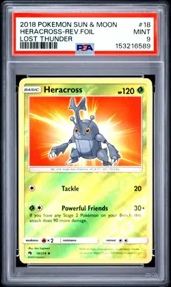 2018 POKEMON SUN & MOON LOST THUNDER #18 HERACROSS-REVERSE FOIL PSA 9 - Image 1